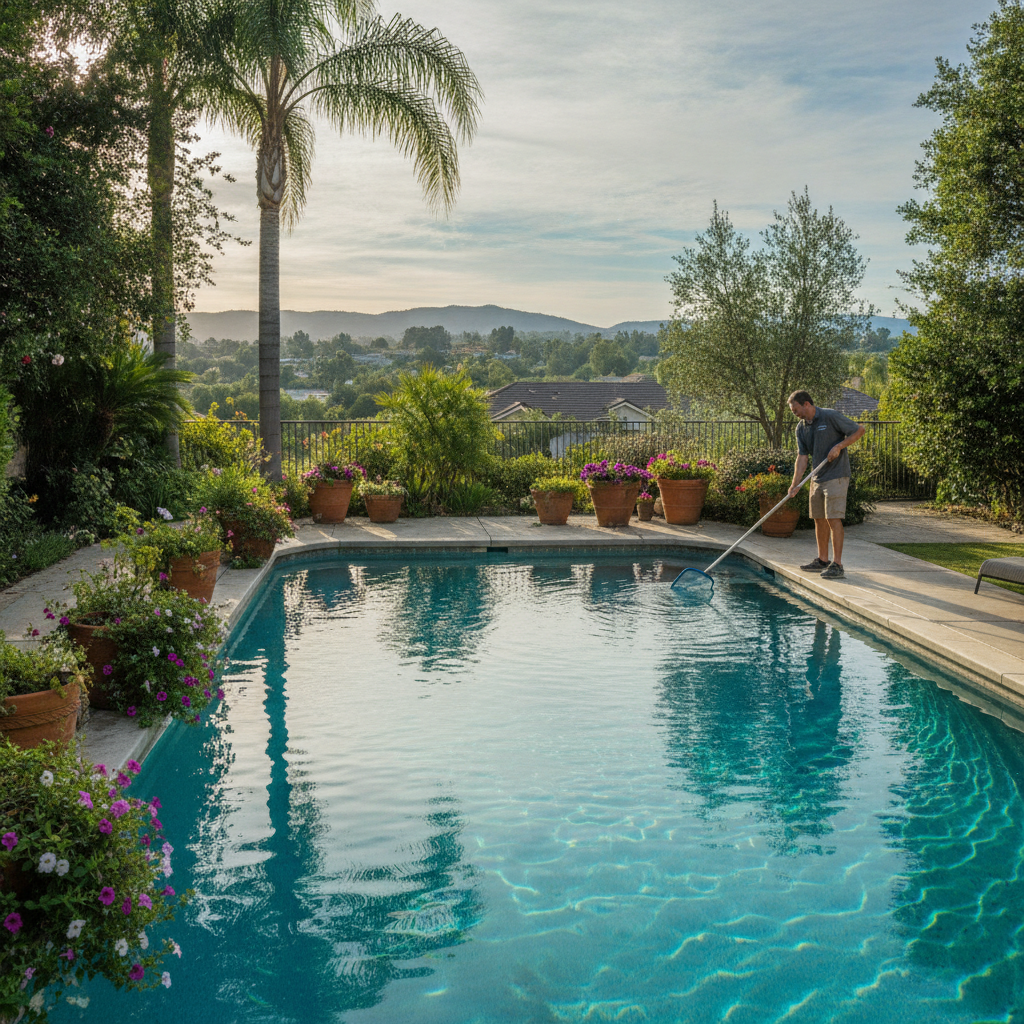 A sparkling backyard pool with a professional cleaner at work, representing pool cleaning service Rancho Margarita CA