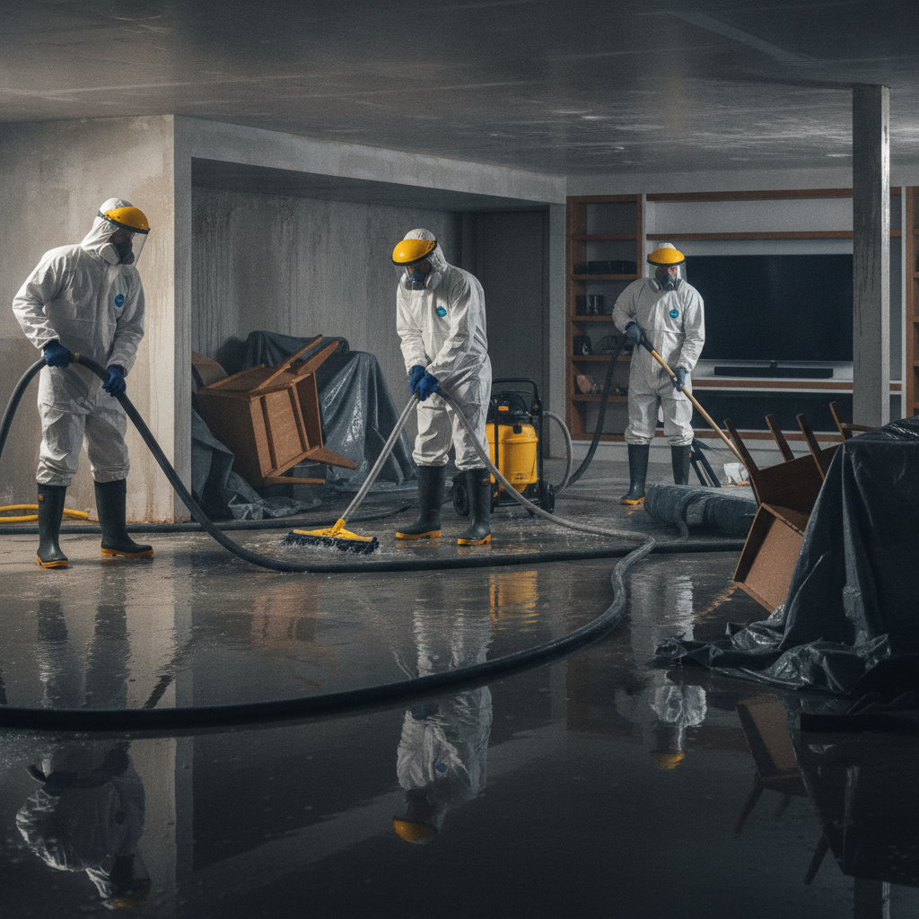 Basement flood cleanup in progress with professionals using equipment for Water Damage Restoration Bloomfield Hills