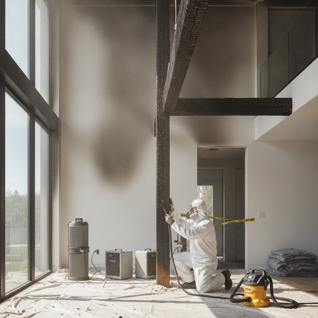 Fire damage restoration team working in a commercial property, showing advanced equipment and teamwork in Fire Damage Restoration Bloomfield Hills
