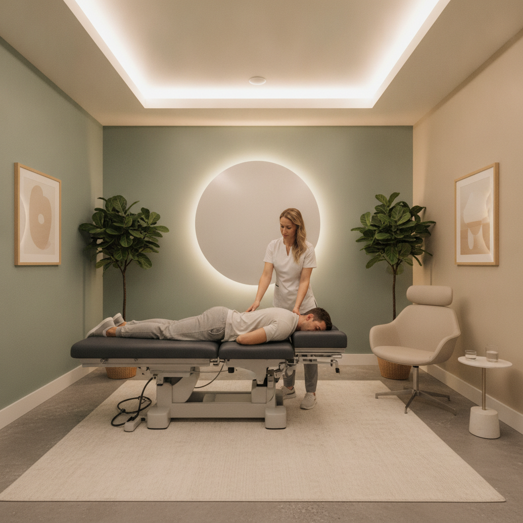 Patient experiencing Spinal Decompression Therapy West Des Moines IA in a modern clinic setting, with a chiropractor adjusting specialized equipment