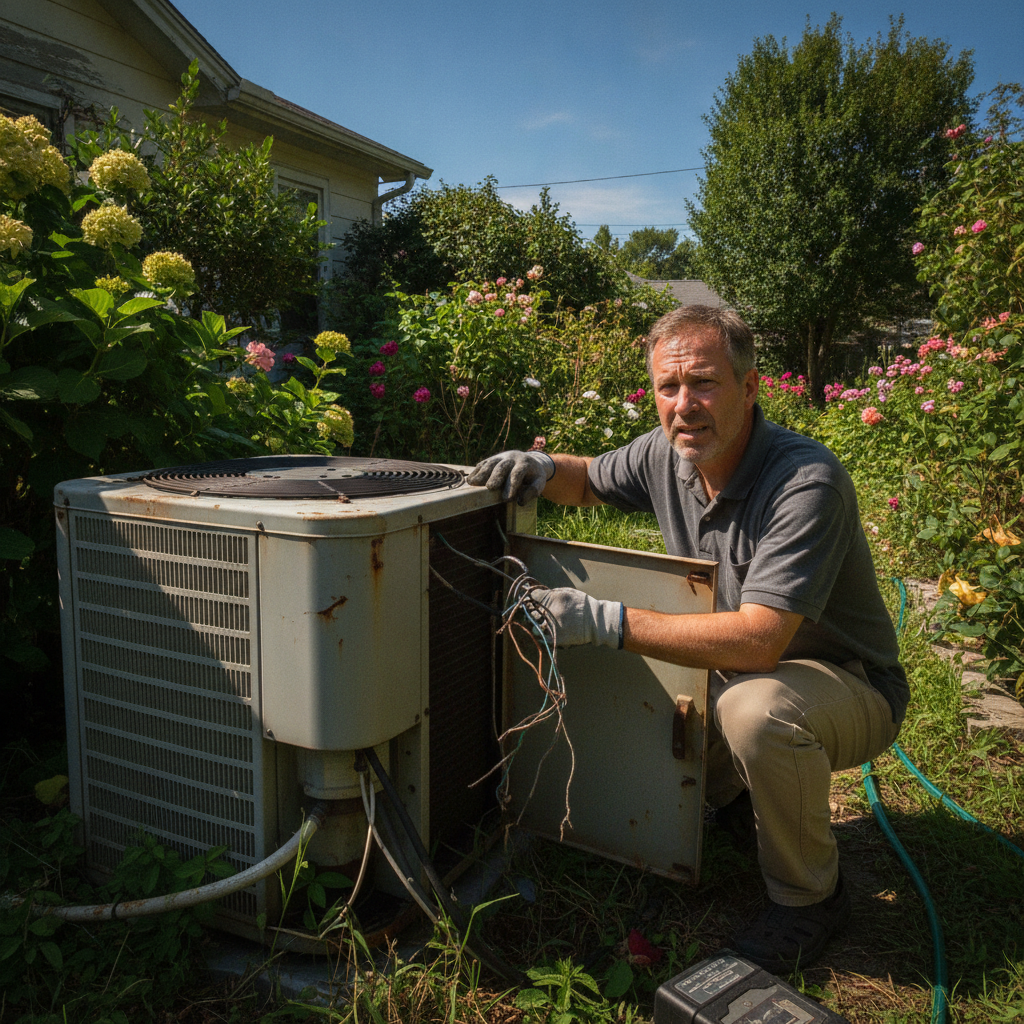 Technician inspecting central air conditioner for emergency AC repair Palm Harbor FL
