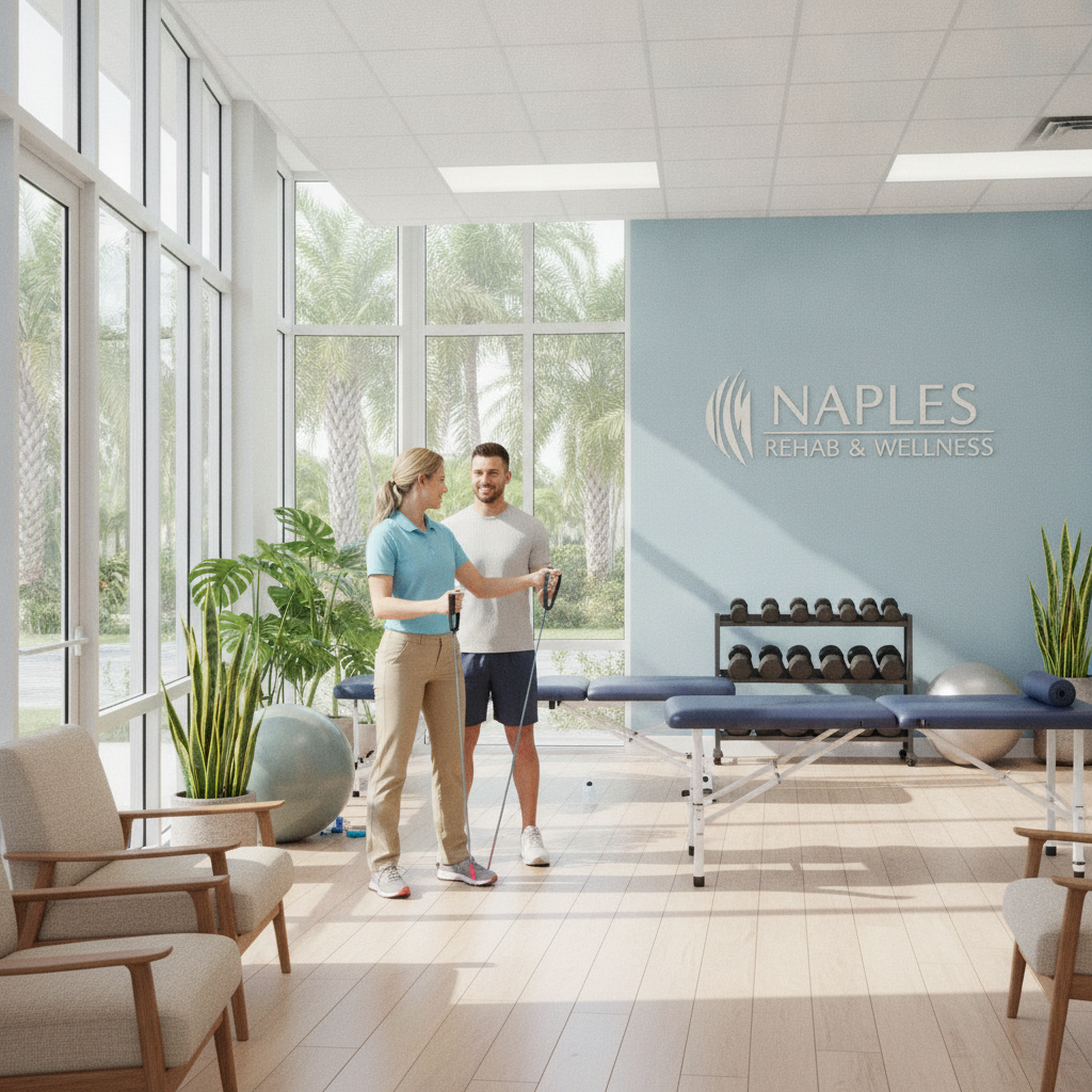 Physical therapist Naples FL working with a new patient in a modern clinic, demonstrating an initial assessment and personalized care approach