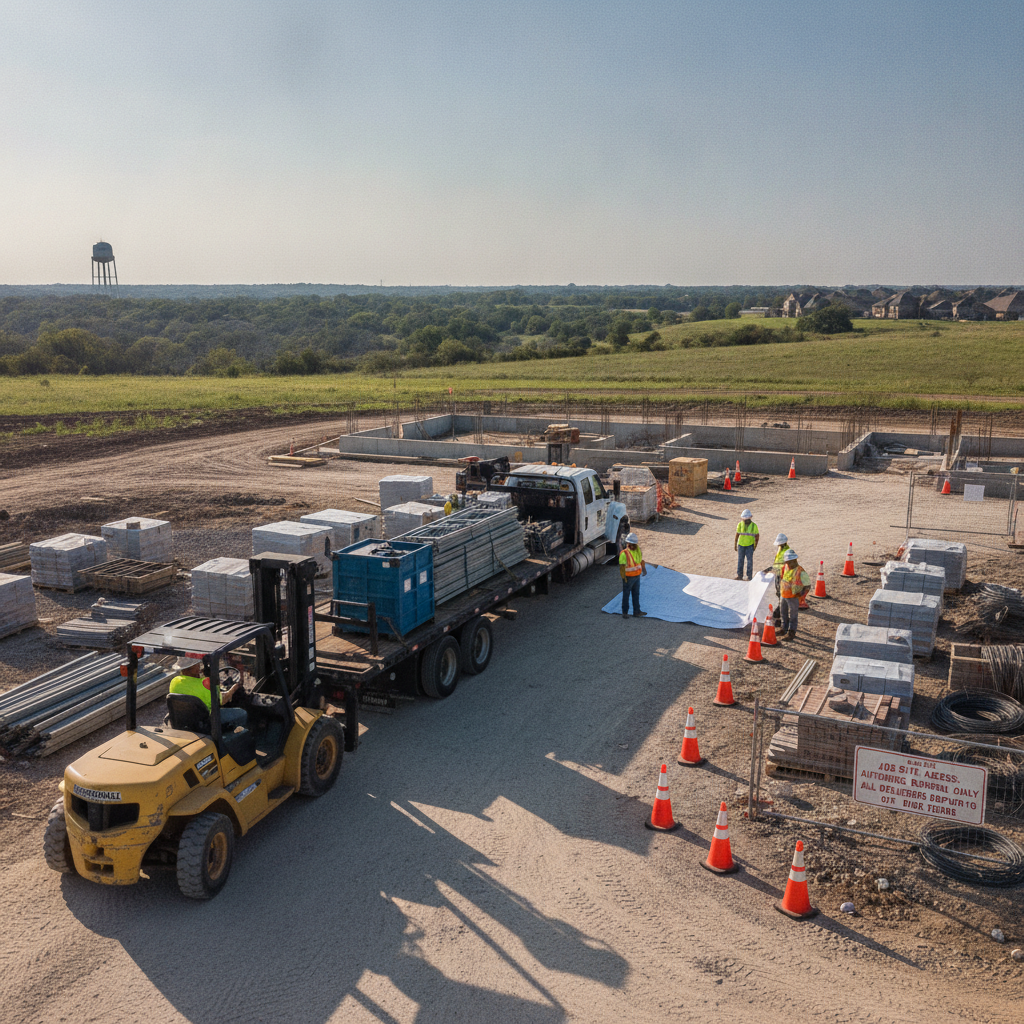 Forklift being delivered to a jobsite with Forklift Rentals Rockwall TX branding, showing safe unloading and access planning