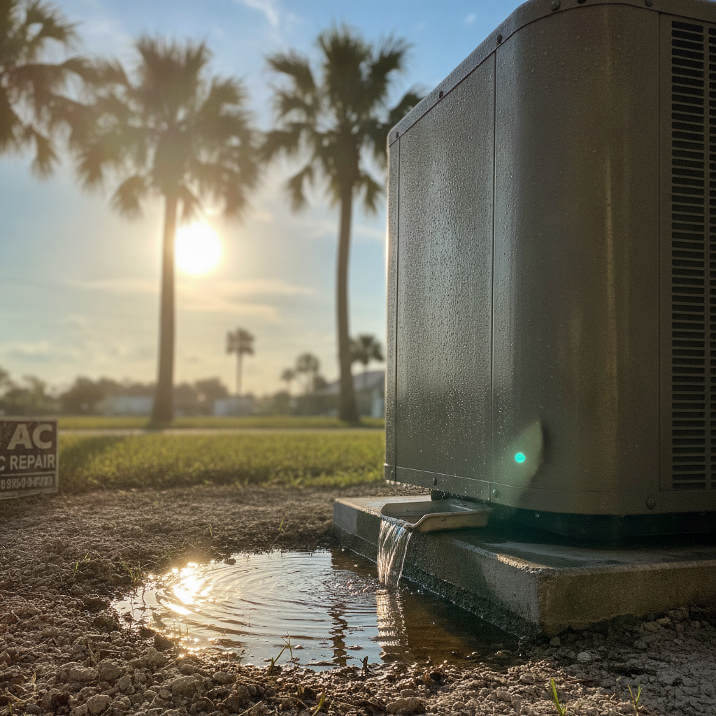 Closeup of a residential air conditioning unit leaking water, highlighting the need for Emergency AC Repair Palm Harbor FL