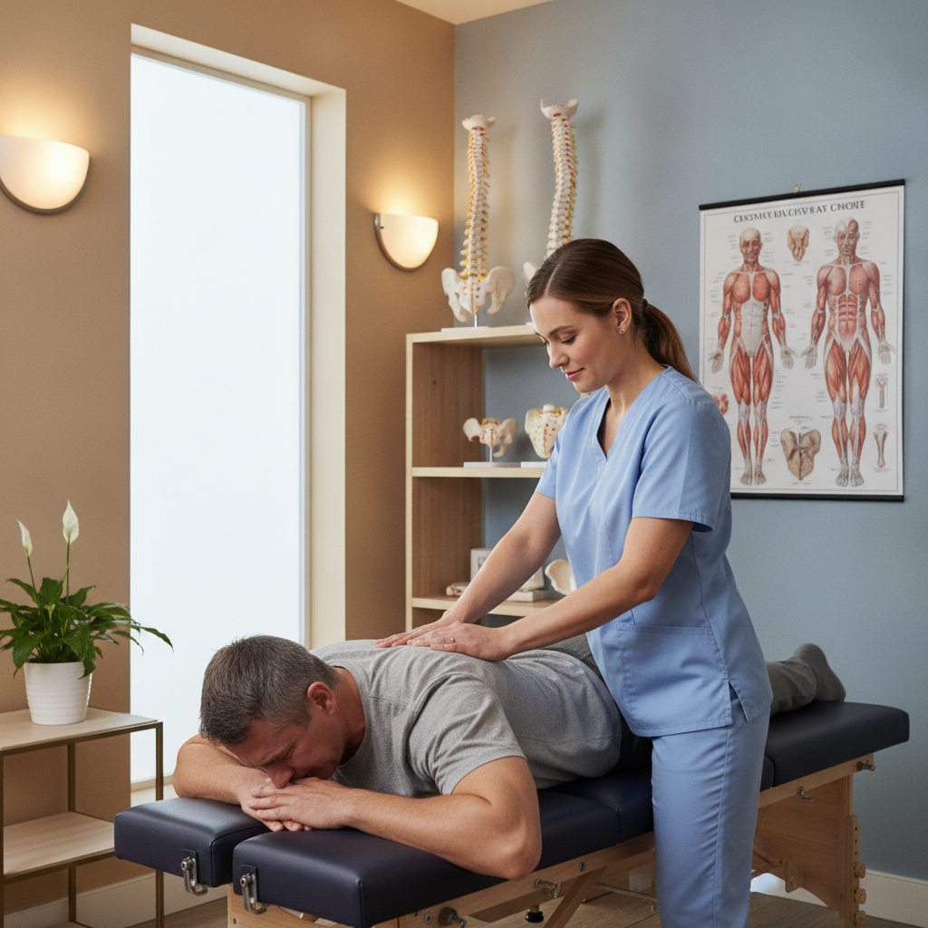 Chiropractor for Back Pain Grass Lake MI helping a patient with back pain caused by heavy lifting and daily strain in a modern clinic setting