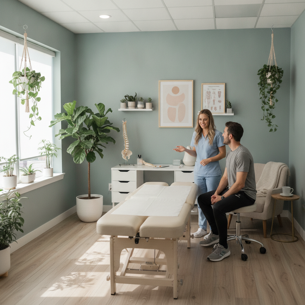 Chiropractor Mesa AZ clinic interior with professional chiropractor consulting a patient in a modern, welcoming setting