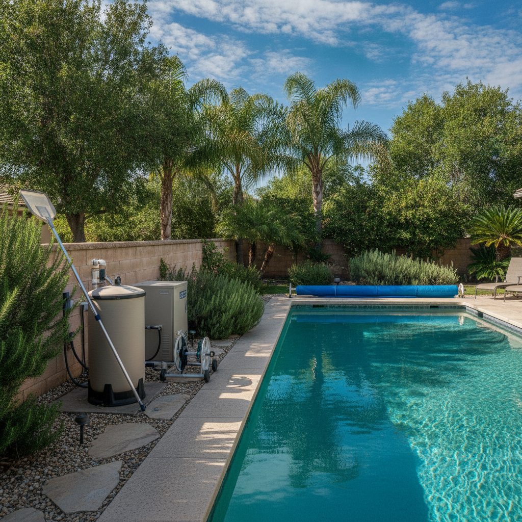 Modern pool equipment installation Rancho Margarita CA, featuring energy-efficient pumps, filters, and heaters for local climate