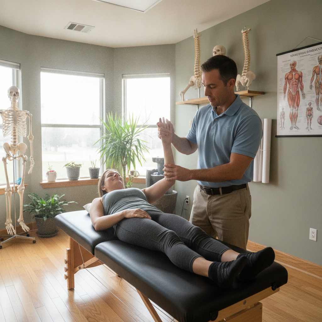 Chiropractor performing a manual muscle test during an applied kinesiology exam with a chiropractor rochester hills patient