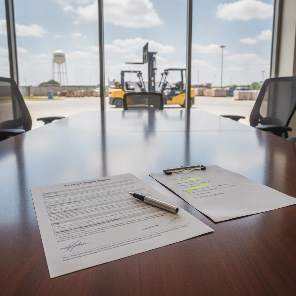 Warehouse manager reviewing forklift rentals Rockwall TX agreement with operator