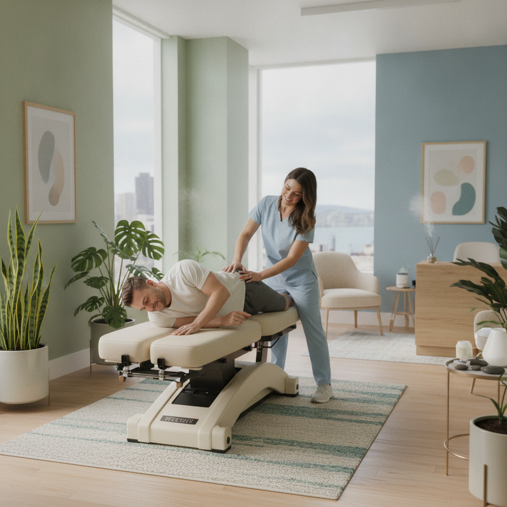 A chiropractor in San Francisco performing a gentle spinal adjustment on a patient in a modern wellness clinic