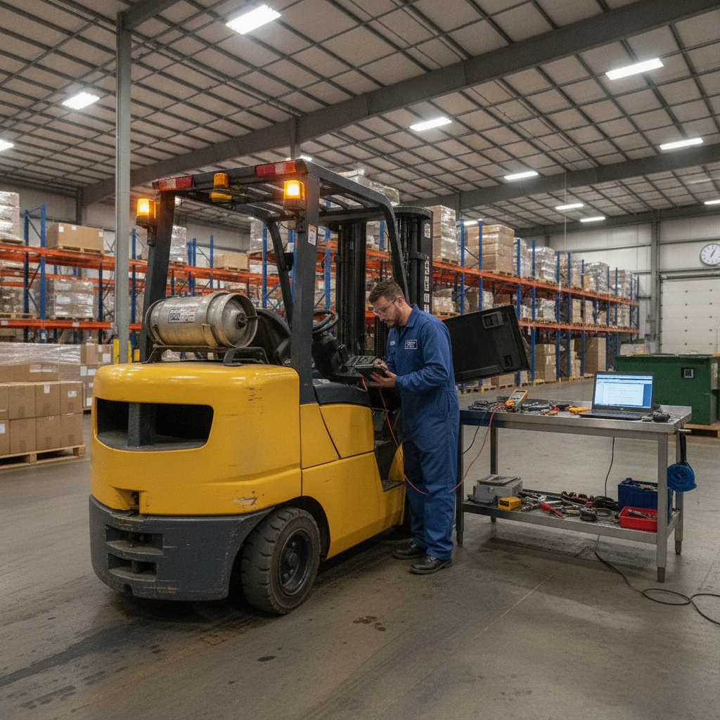 Forklift with warning lights illuminated during diagnostics Rockwall TX warehouse