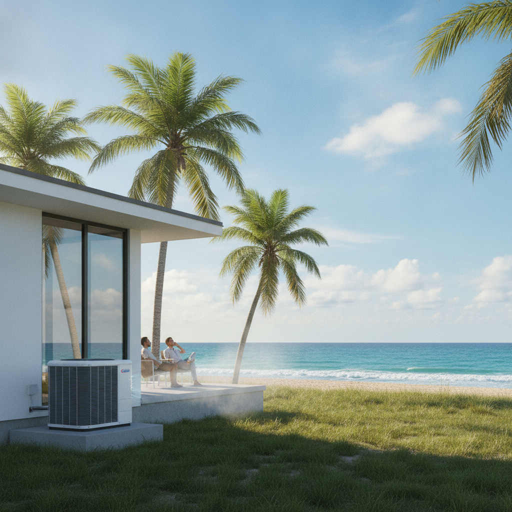 Technician performing AC Installation Palm Harbor FL, with coastal elements visible
