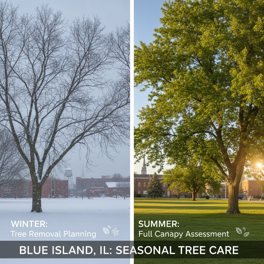 Mature oak tree with seasonal foliage changes, illustrating how a Tree Removal Company Blue Island IL adapts to local weather patterns