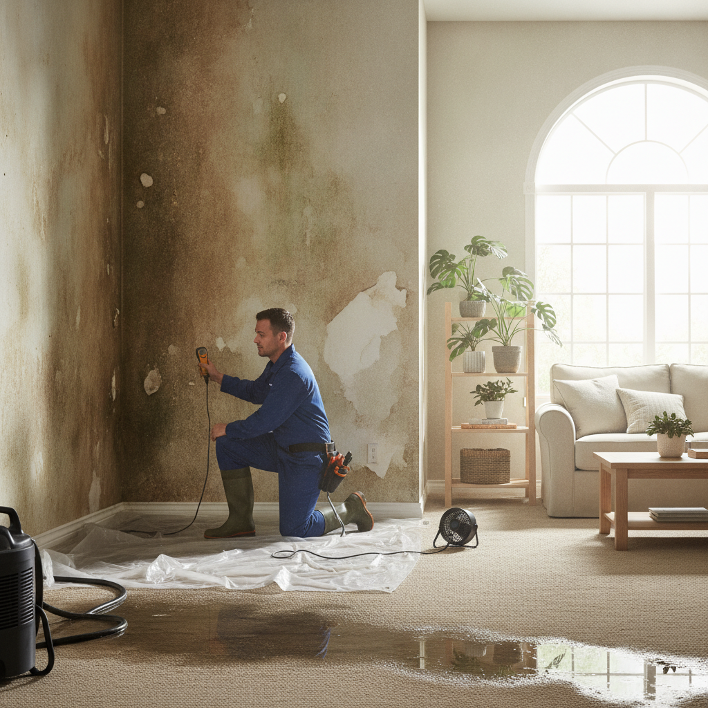 Flooded business interior with restoration team working, Water Damage Restoration Bloomfield Hills