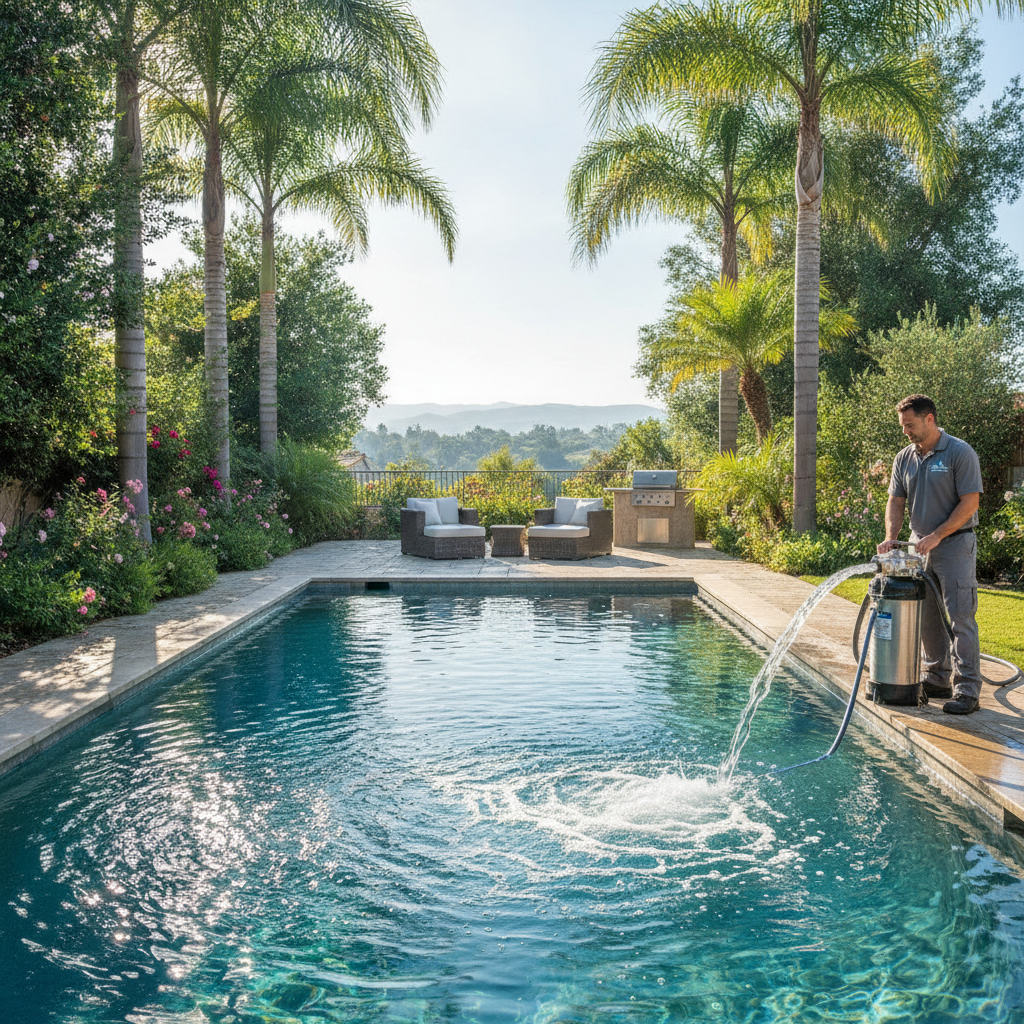 A sparkling blue swimming pool with clear water, surrounded by lush landscaping, representing a well-maintained pool after a Pool Filter Cleaning Service Rancho Margarita CA
