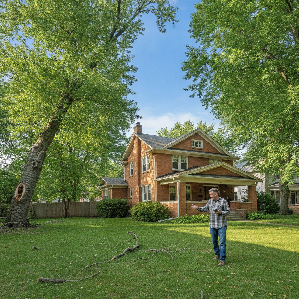 Storm-damaged tree with broken limbs near a house, highlighting the need for Emergency Tree Service Blue Island IL