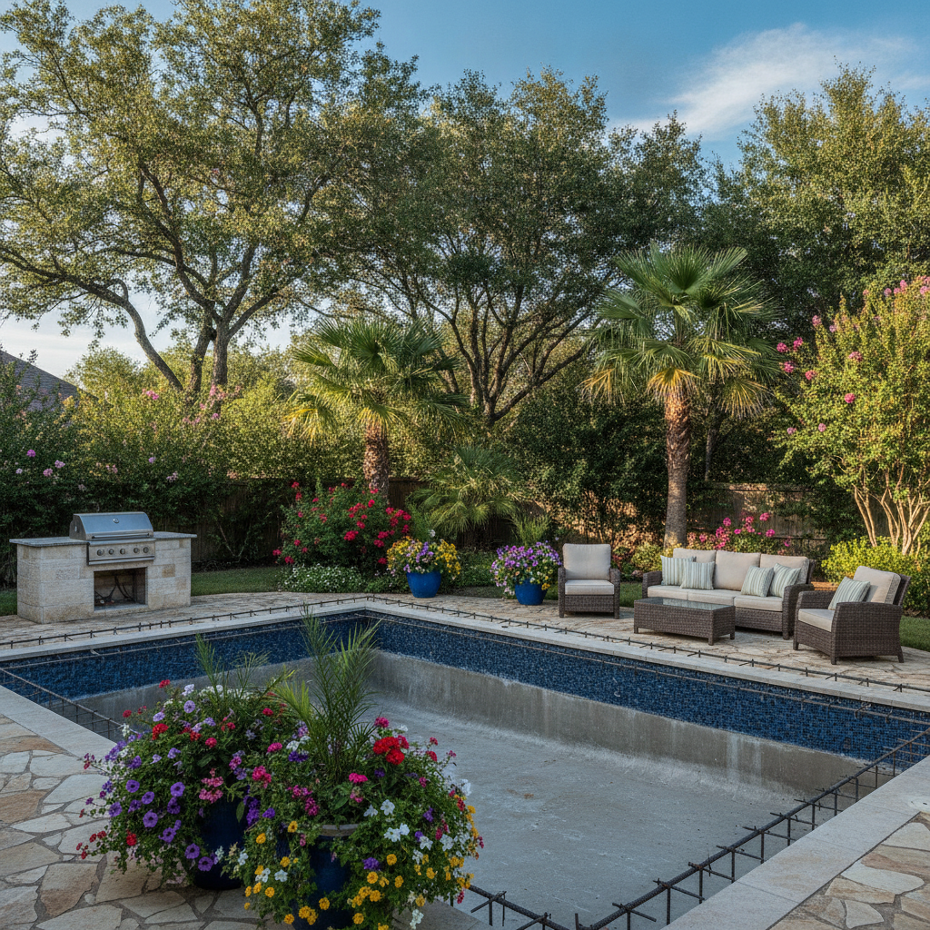 Modern backyard pool installation austin texas with contemporary landscaping and lounge area