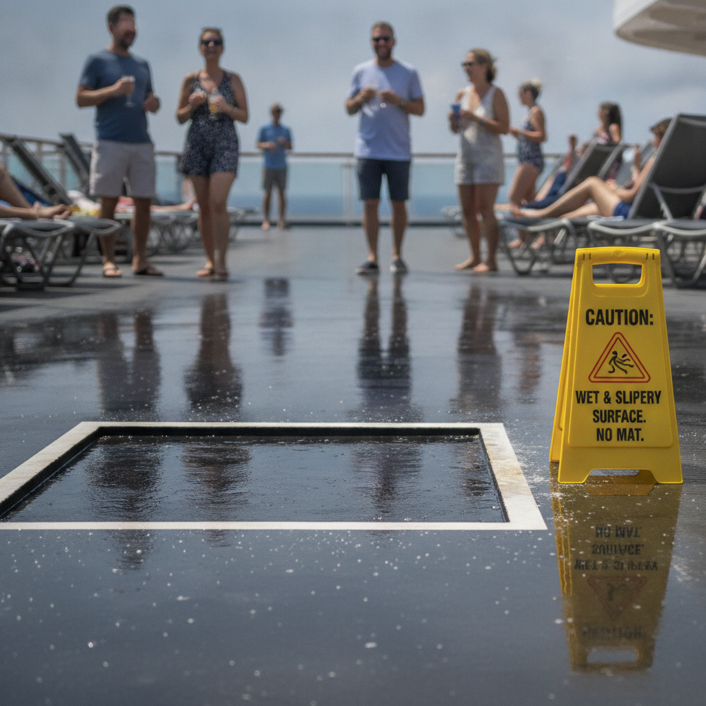 Cruise ship deck with wet floor sign and missing safety mats, highlighting cruise ship negligence lawyer concerns