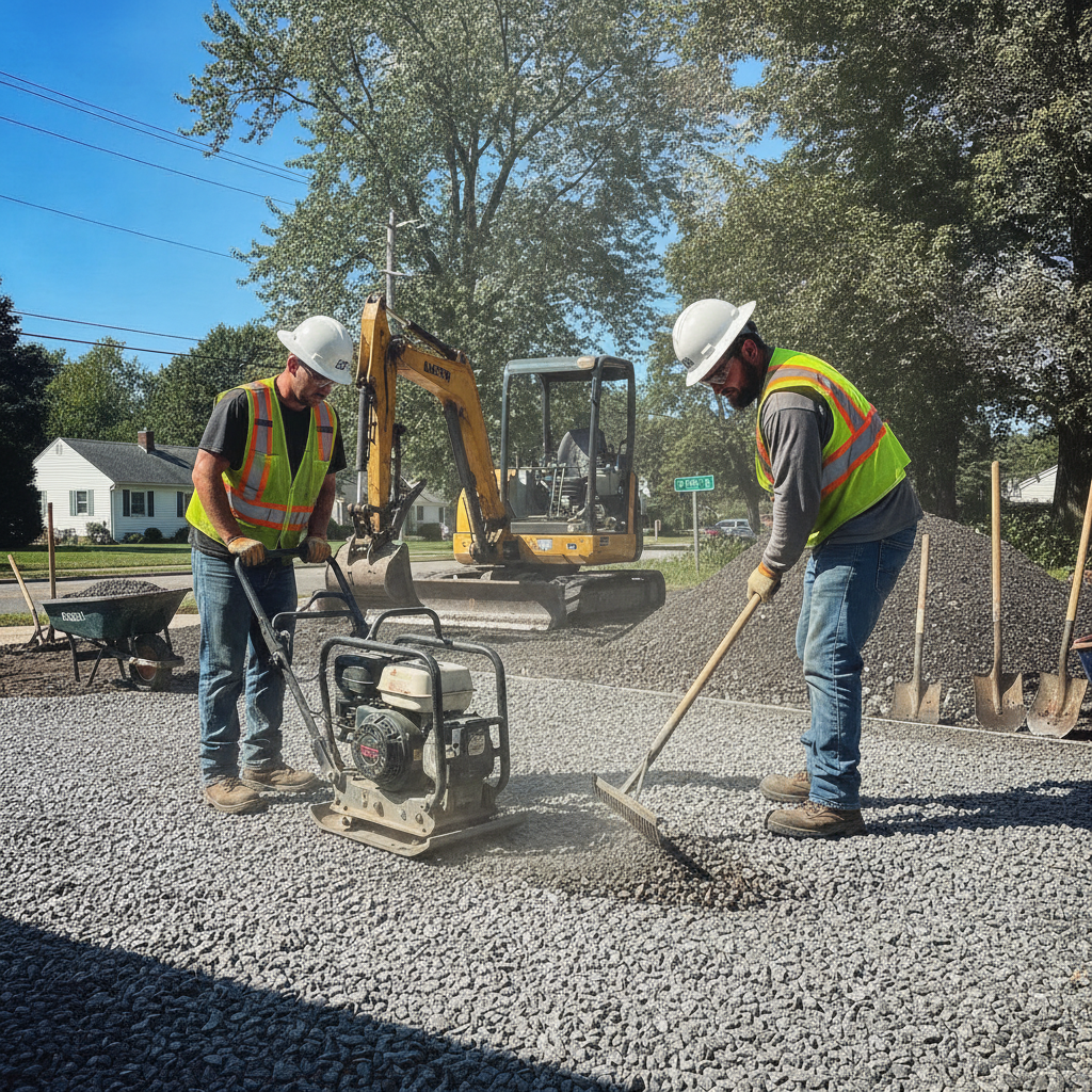 Crew performing residential asphalt paving Lodi NJ with careful base preparation
