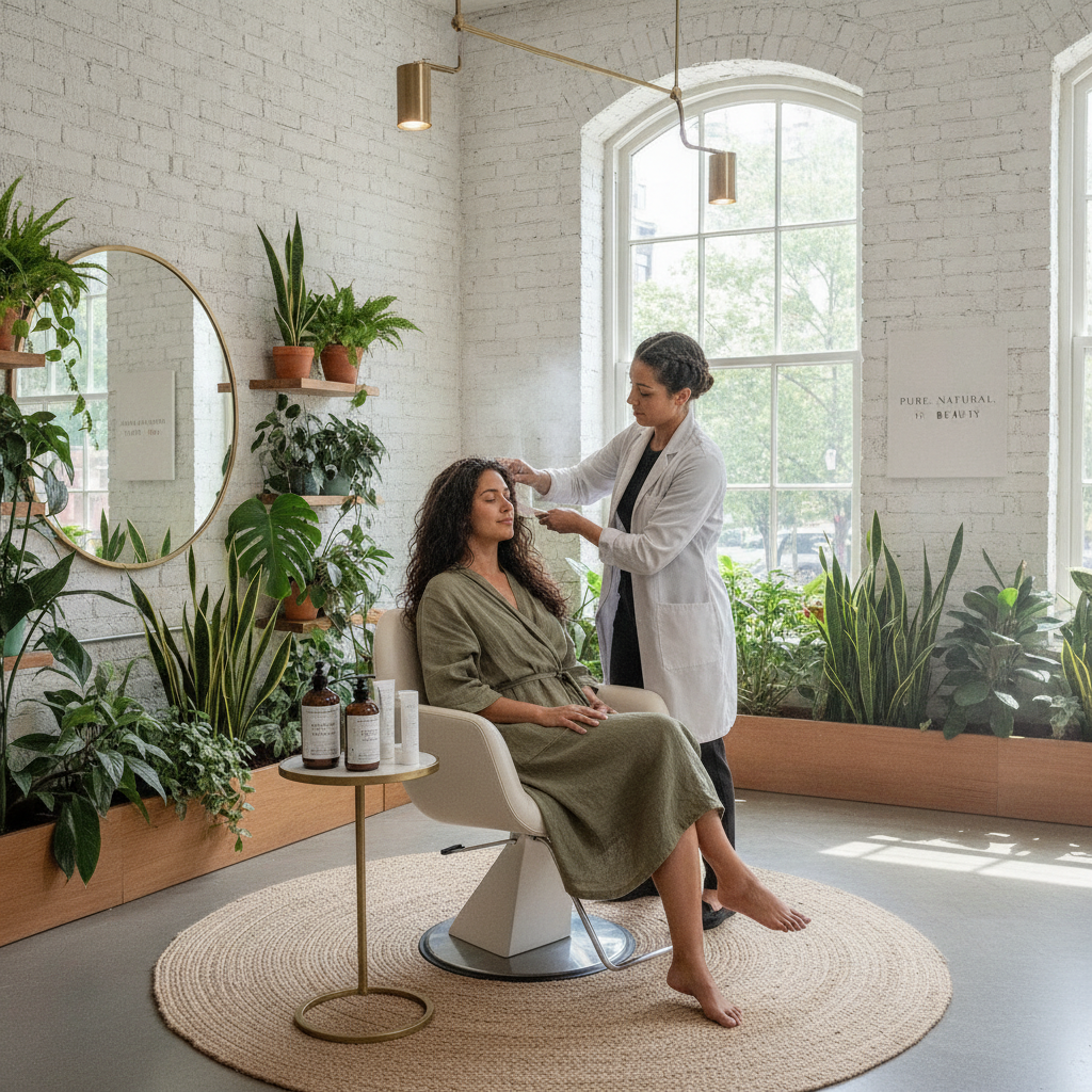 Stylist applying a formaldehyde-free keratin treatment NYC client can trust in a bright salon