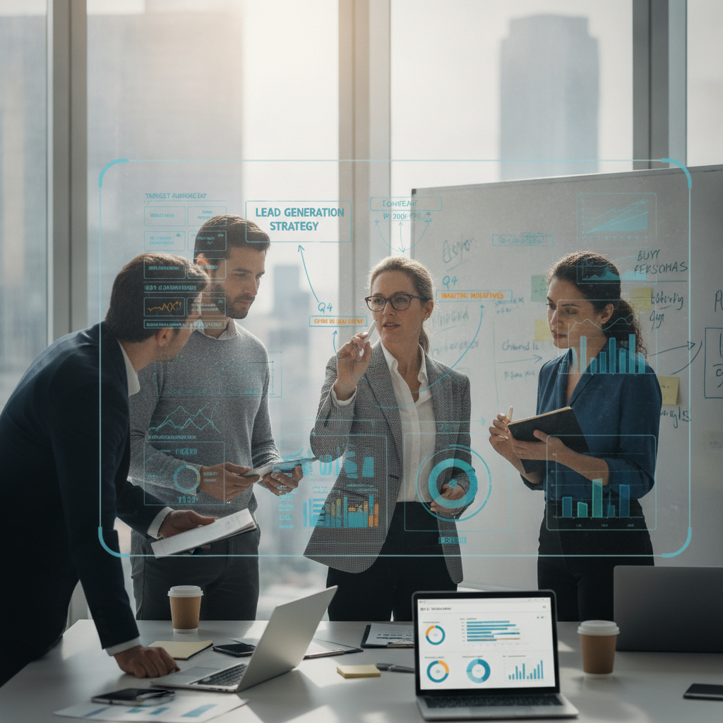 Modern office environment with diverse group collaborating on marketing strategy, representing Where Can I Find Fractional CMO Services For Lead Generation