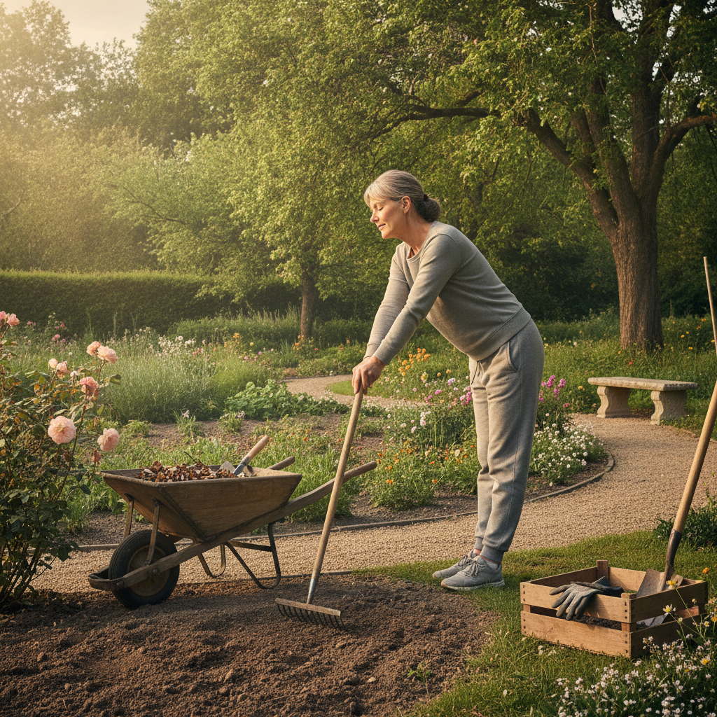 Homeowner pausing in a backyard with a rake and bags of leaves, showing the strain that leads to seeking a chiropractor for back pain in West Des Moines IA