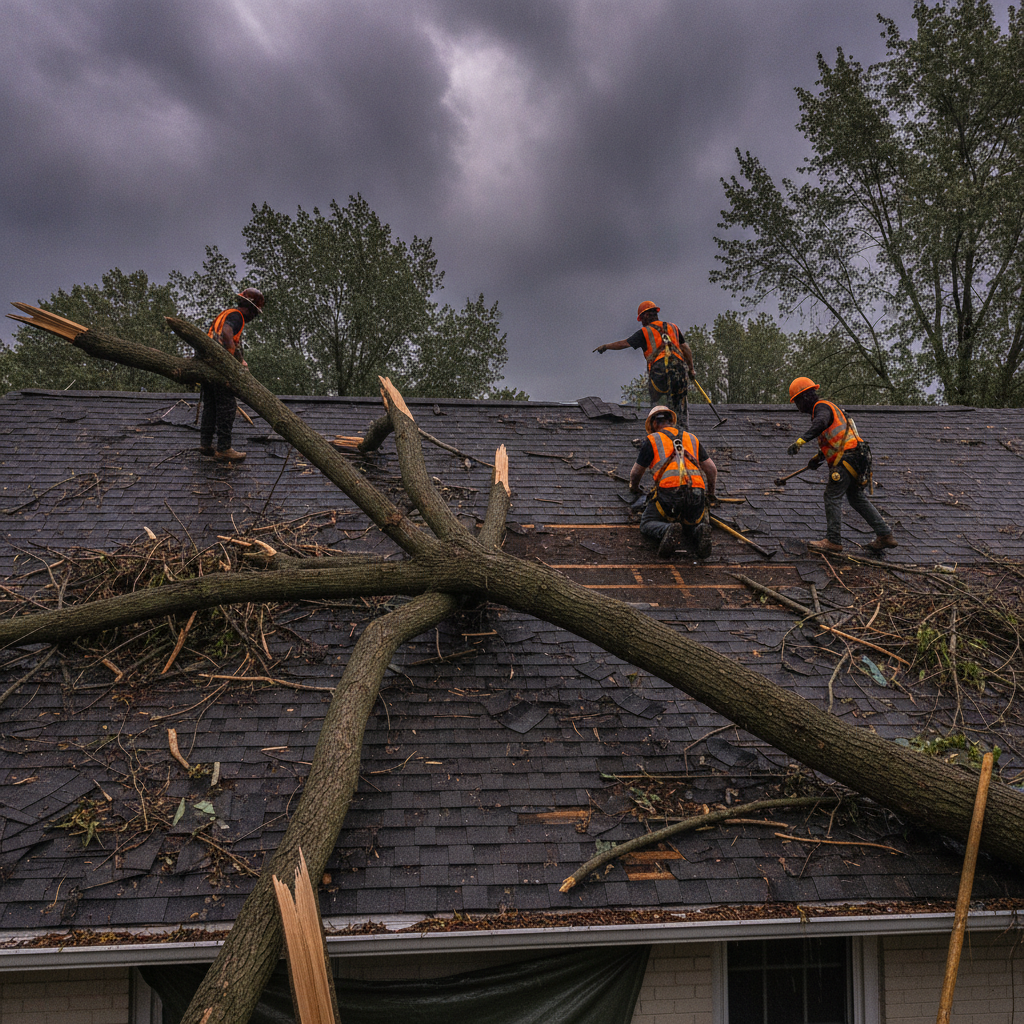 Storm-damaged roof with missing shingles and local roofing contractor Bloomfield Hills assessing repairs