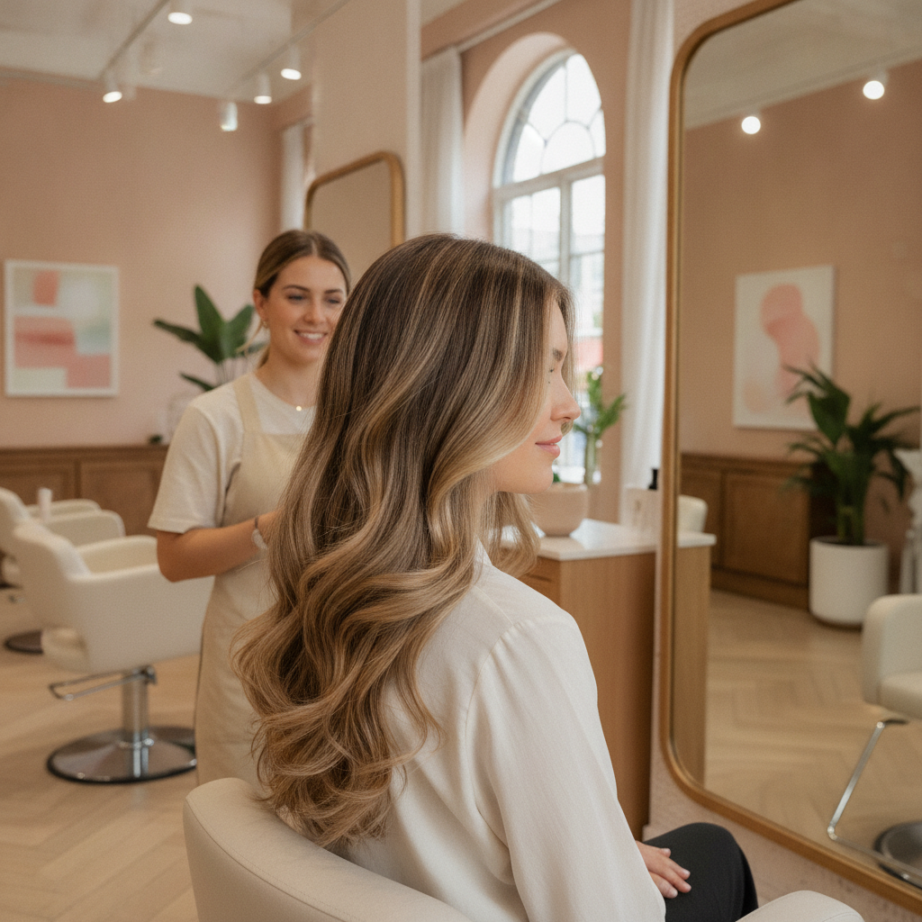 Balayage hair transformation on a client in a New York salon