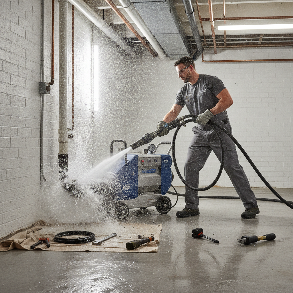 Technician performing hydro jetting for drain cleaning services Sterling Heights MI