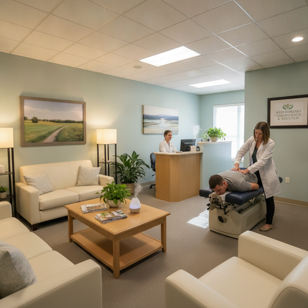 Chiropractor West Des Moines IA office with a patient receiving care from a professional chiropractor, modern clinic setting