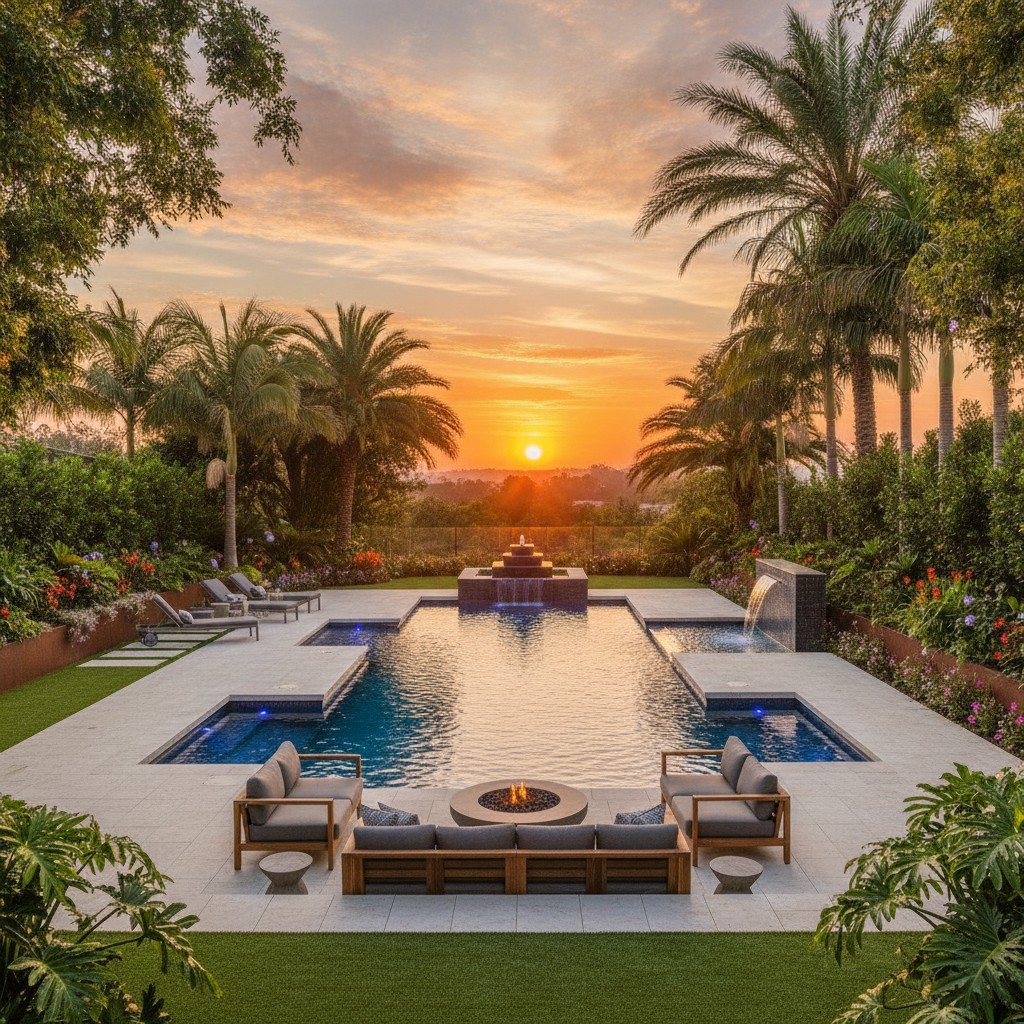Modern backyard pool with water features and lounge area, ideal for pool remodeling austin tx homes