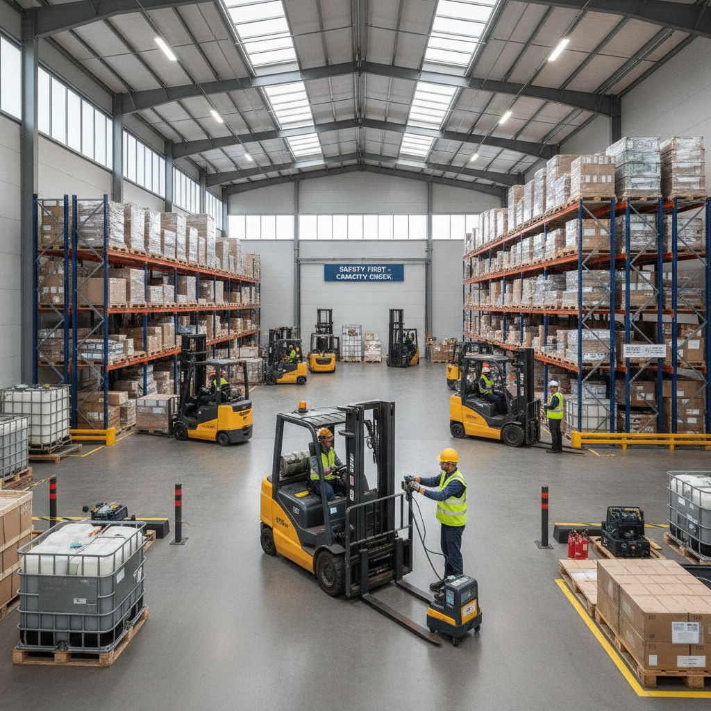 Modern warehouse with forklifts in operation, highlighting Forklift Sales Rockwall TX for local businesses