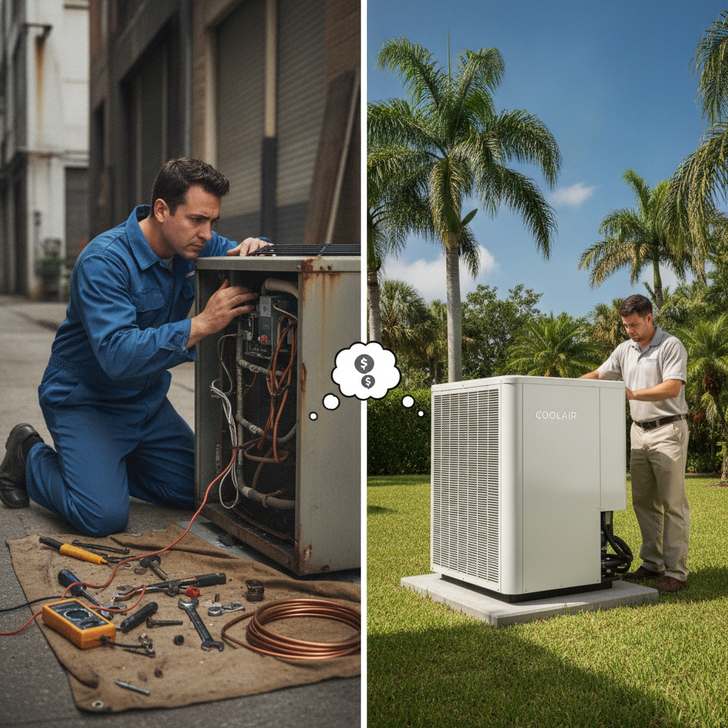Technician performing AC repair Tampa FL on a rooftop unit, evaluating whether to repair or replace the air conditioner
