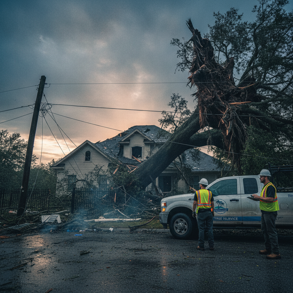 Storm-damaged tree with professional tree service worker assessing damage