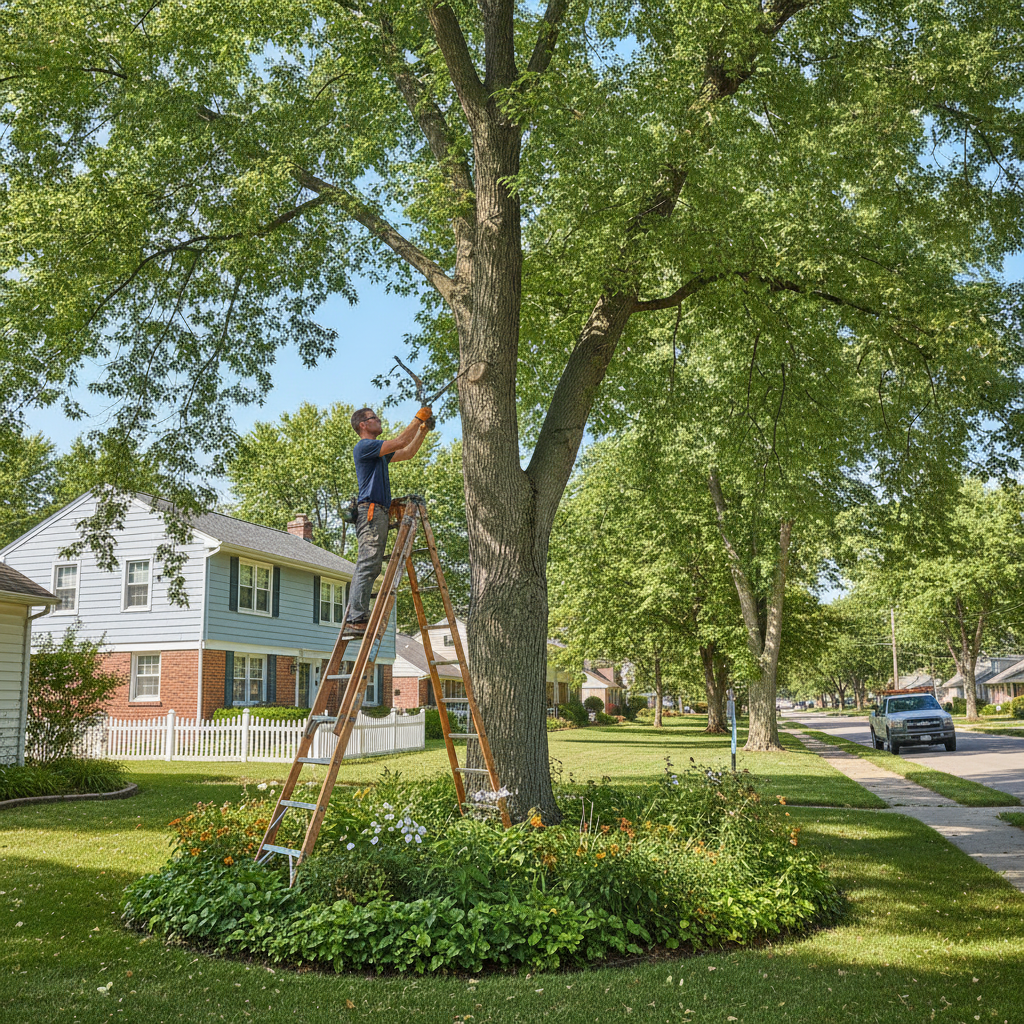 Mature shade tree being pruned by professionals, demonstrating expert tree pruning Blue Island IL techniques