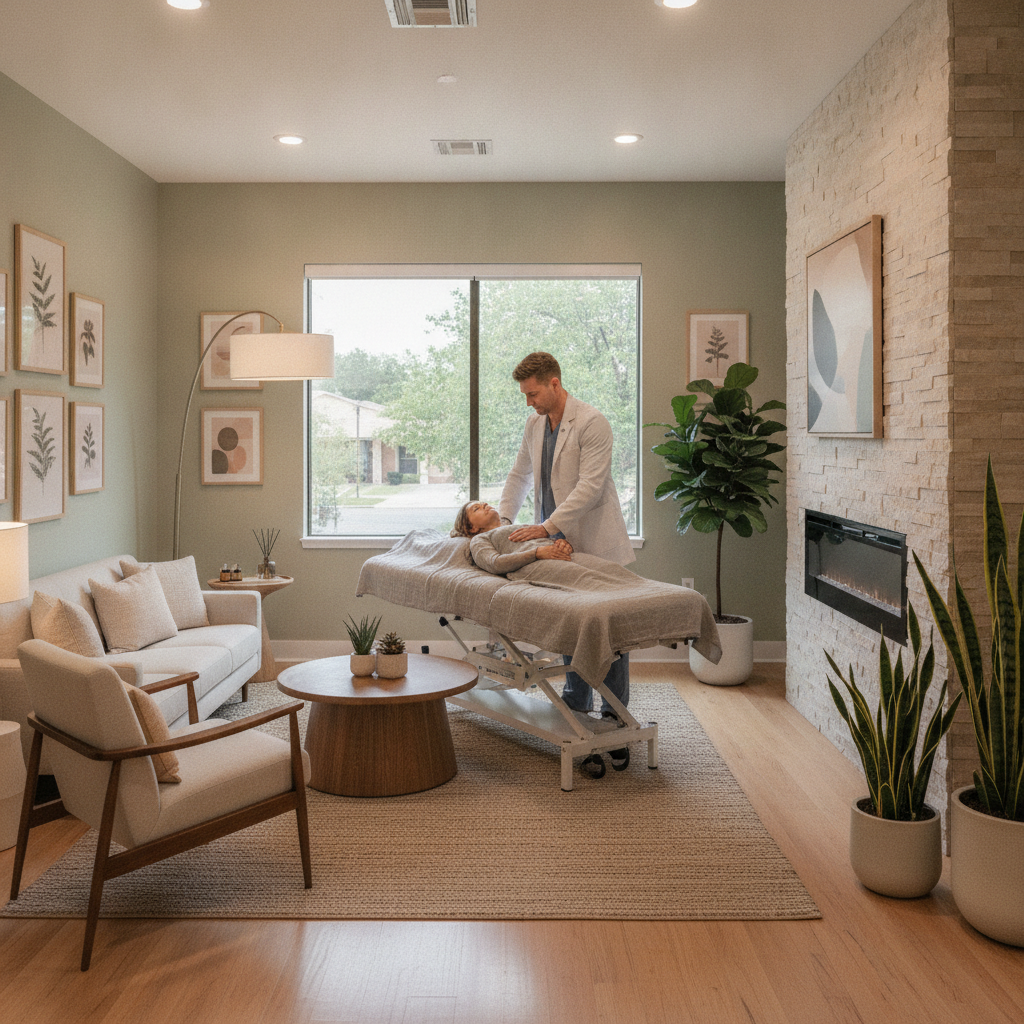 A chiropractor in San Antonio TX performing a gentle spinal adjustment on a patient in a modern clinic, illustrating non-surgical care options