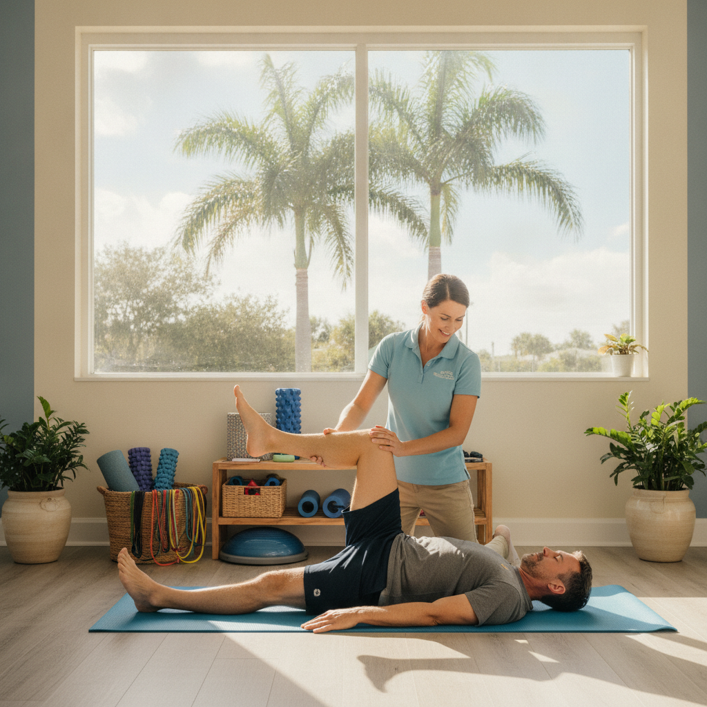 Physical therapist guiding a patient through sciatica treatment exercises in a Naples FL clinic