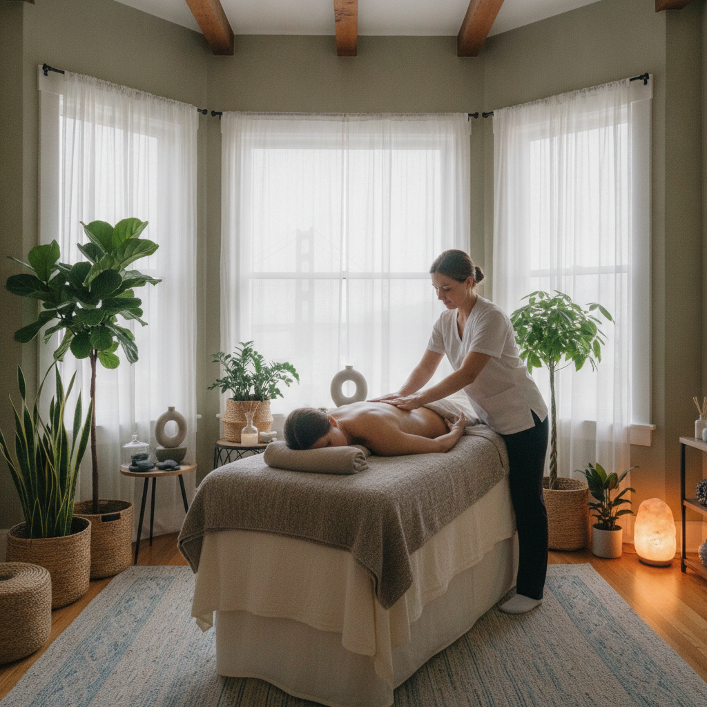 A person practicing gentle stretching for back pain treatment San Francisco in a bright home setting