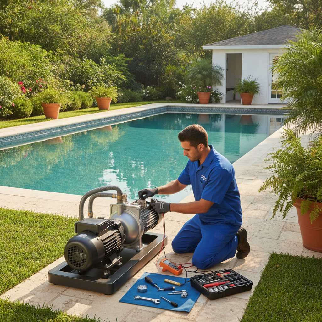 Technician performing pool pump repair in Irvine CA, inspecting pump components near a clear blue pool