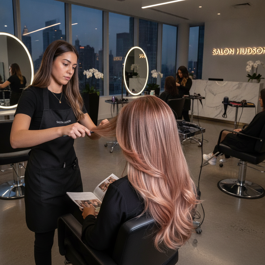 A stylist applying keratin treatment and balayage for multi-dimensional hair in a modern NYC salon, demonstrating Keratin treatment NYC techniques
