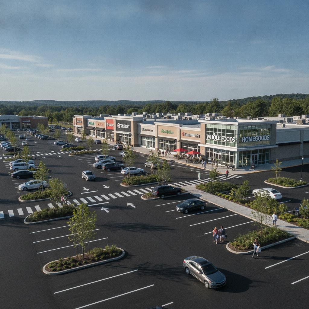 Freshly paved asphalt parking lot at a shopping plaza showing commercial asphalt paving in Lodi NJ