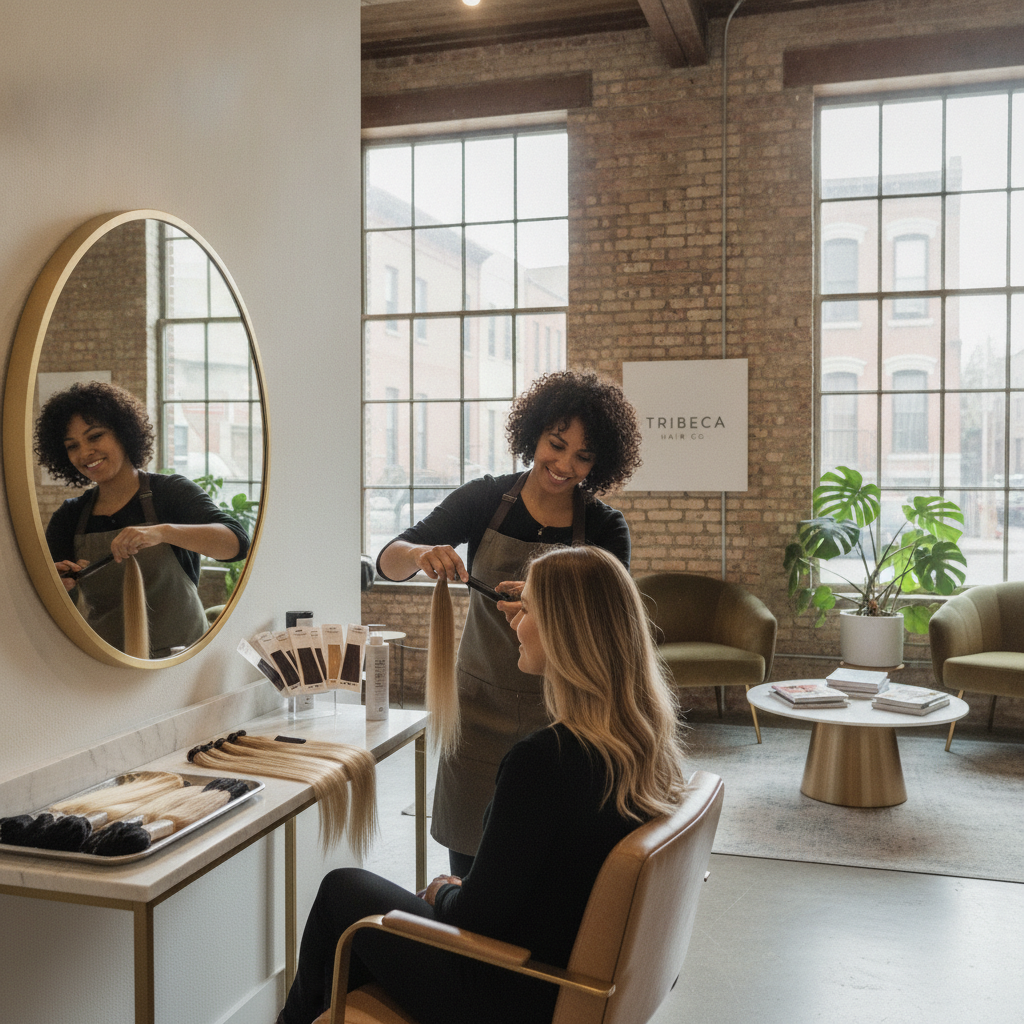 Stylist sectioning long hair for a consultation on extension options at a hair salon Tribeca New York
