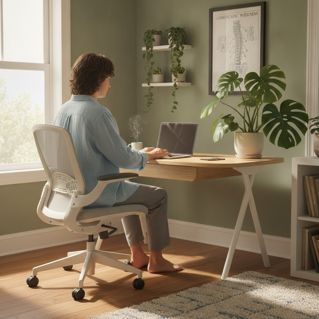 Ergonomic workspace with a chiropractor consulting a desk worker, highlighting Chiropractic Care Mesa AZ solutions
