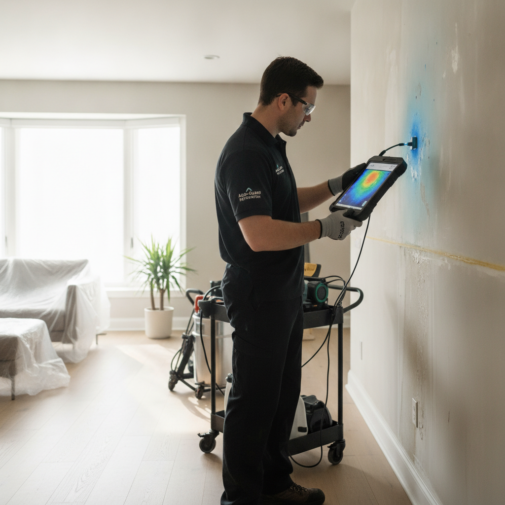 Moisture mapping equipment and technician assessing water damage restoration Bloomfield Hills property