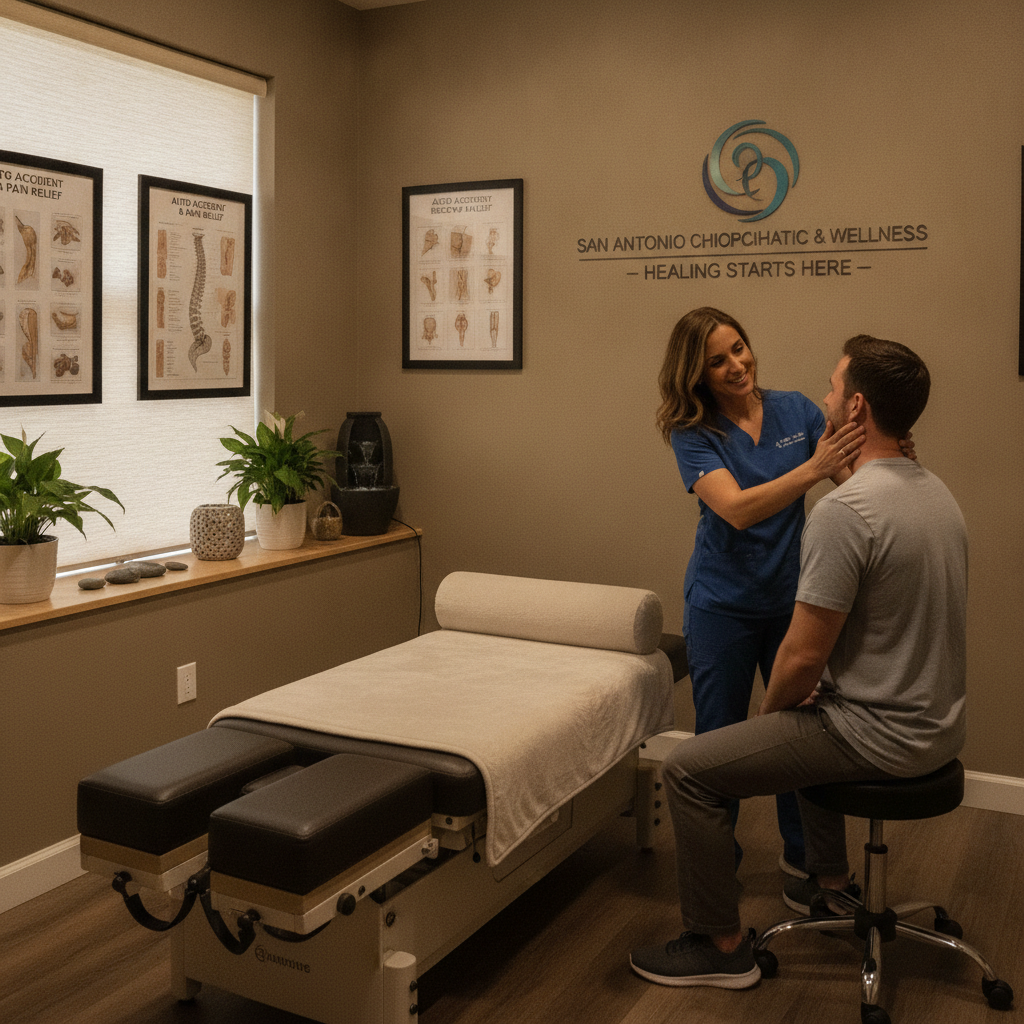 Chiropractic care San Antonio TX: A chiropractor gently adjusting a patient's back in a bright, modern clinic, emphasizing auto accident recovery and comfort