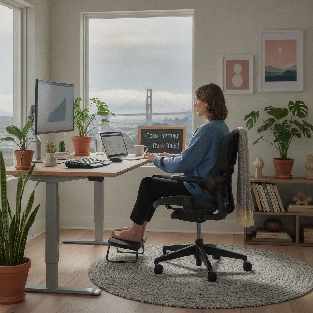 Office worker at ergonomic desk setup, focusing on back pain treatment San Francisco