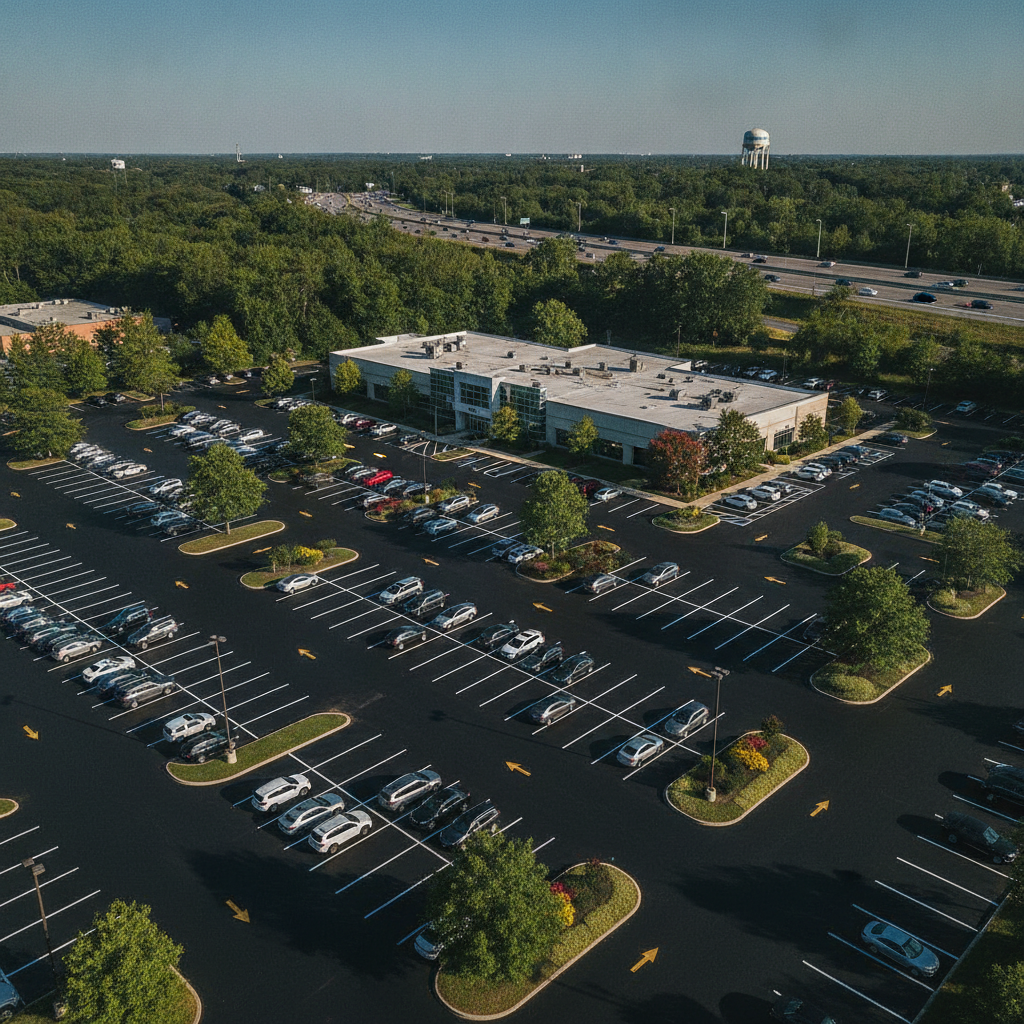 Freshly striped commercial parking lot with clear layout, showcasing commercial asphalt paving Lodi NJ quality