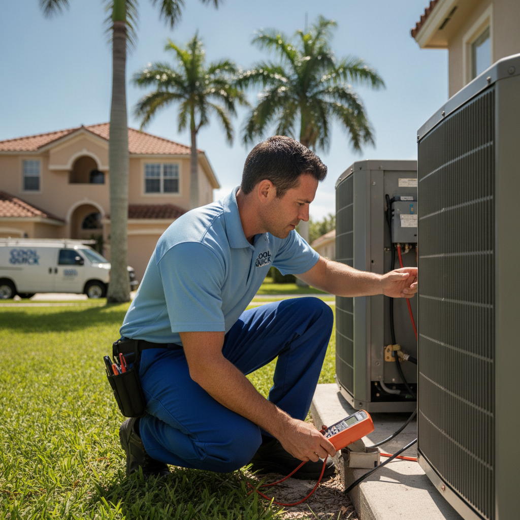 Technician performing emergency AC repair in a Tampa FL home, ensuring quick cooling restoration