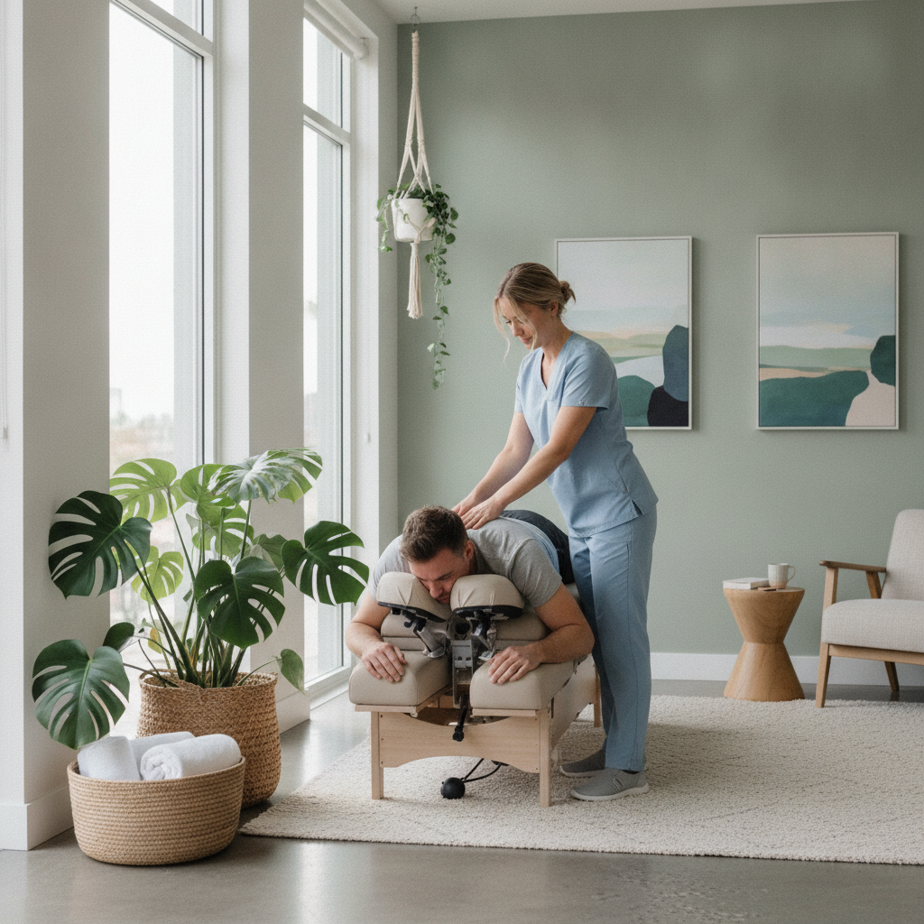 Chiropractor for Back Pain Grass Lake MI helping a patient recover after a minor fall in a bright, modern clinic