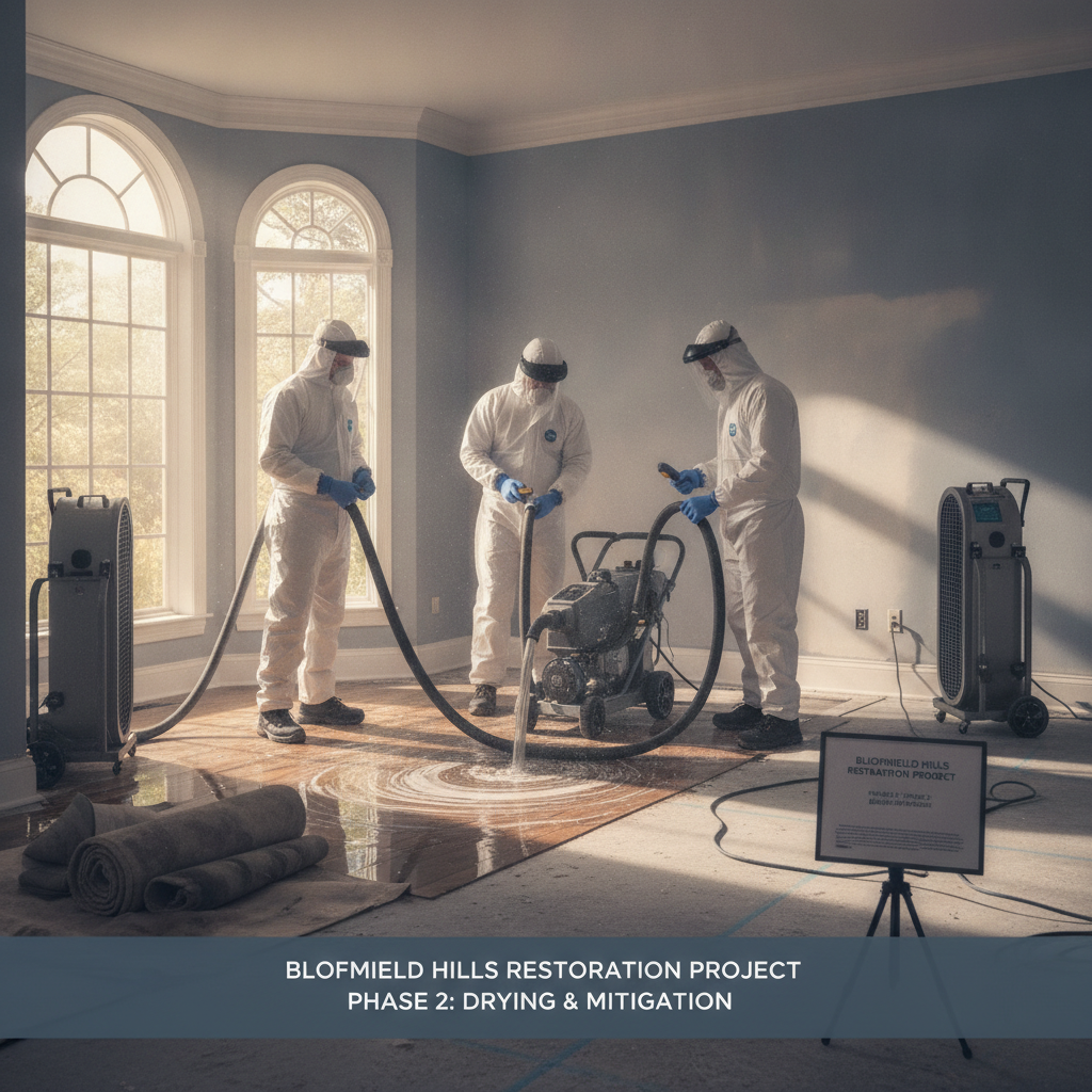 Technician assessing water damage restoration Bloomfield Hills home with drying equipment